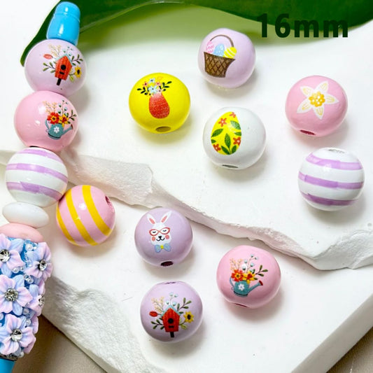 Colorful Flowers Easter Series Rabbits Eggs Bunnies Round Wooden Beads, 16MM, Please Read the Description