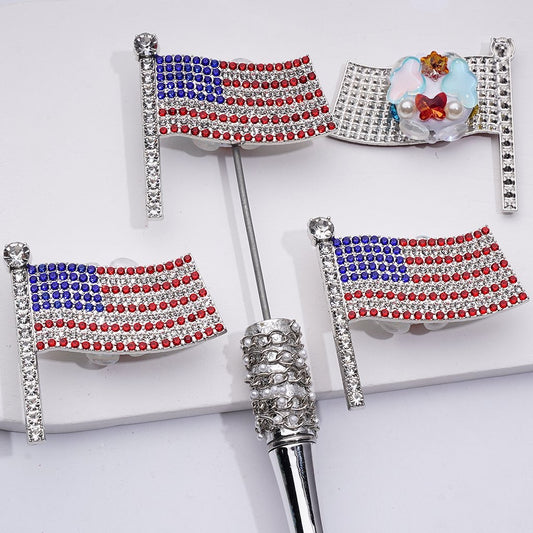 Silver Alloy Clay Beads Showcasing American Flag Design with Vibrant Clear Rhinestones in Blue and Red, Snowflakes, and White Pearls, Accented by Butterflies, Around 52*49MM