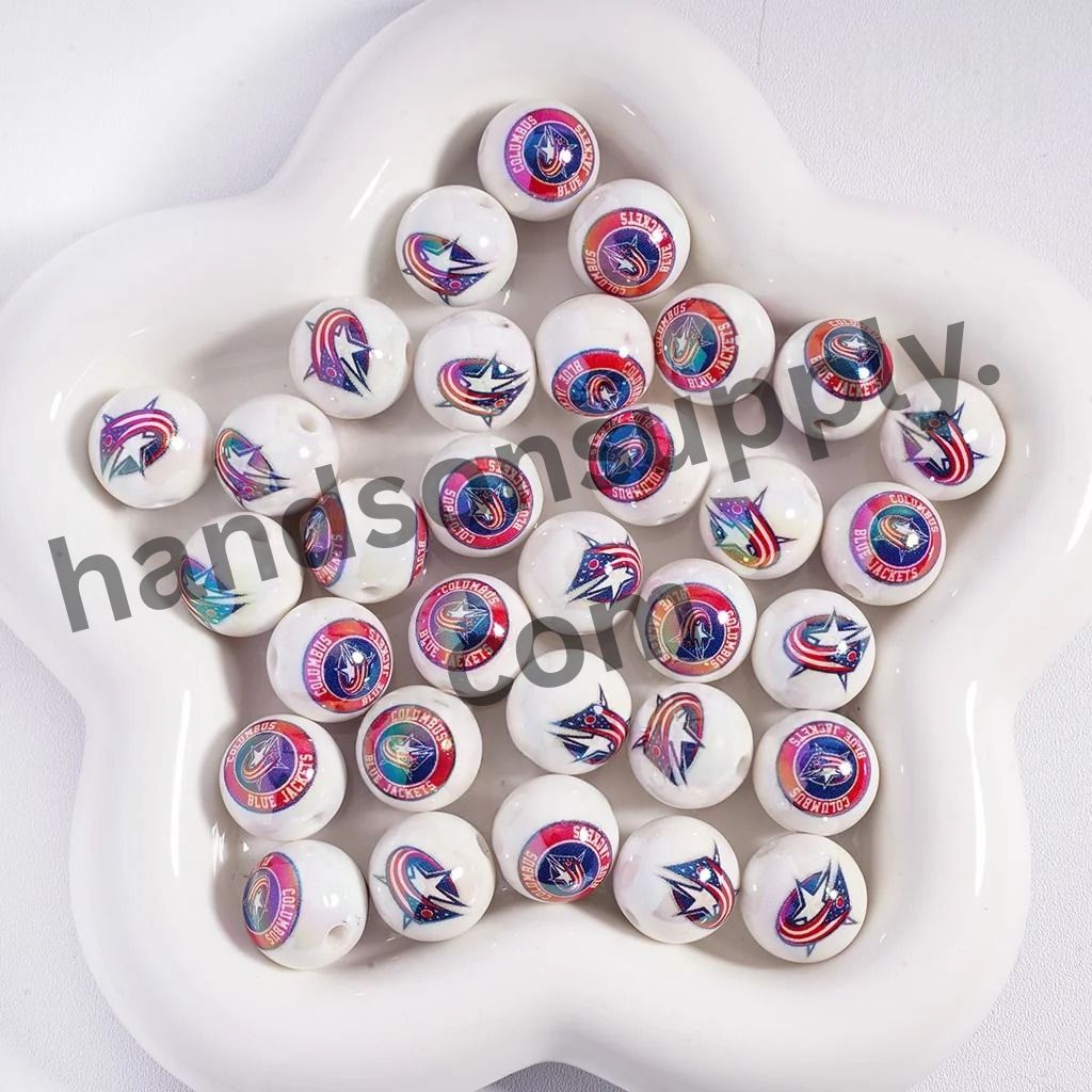 Round with UV Coating Ice Hockey Team Pattern Acrylic Beads for Bracelets, 16MM