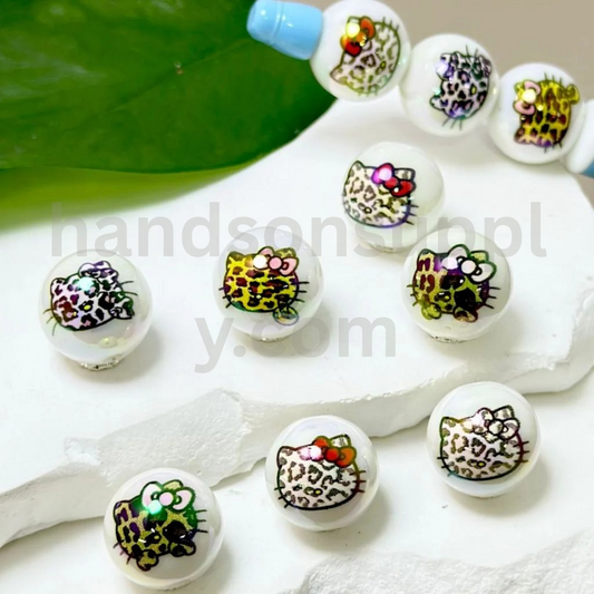Cute Cat Character with Bow Jaguar Print White Round 16MM Random Mix UV Finish Acrylic Beads