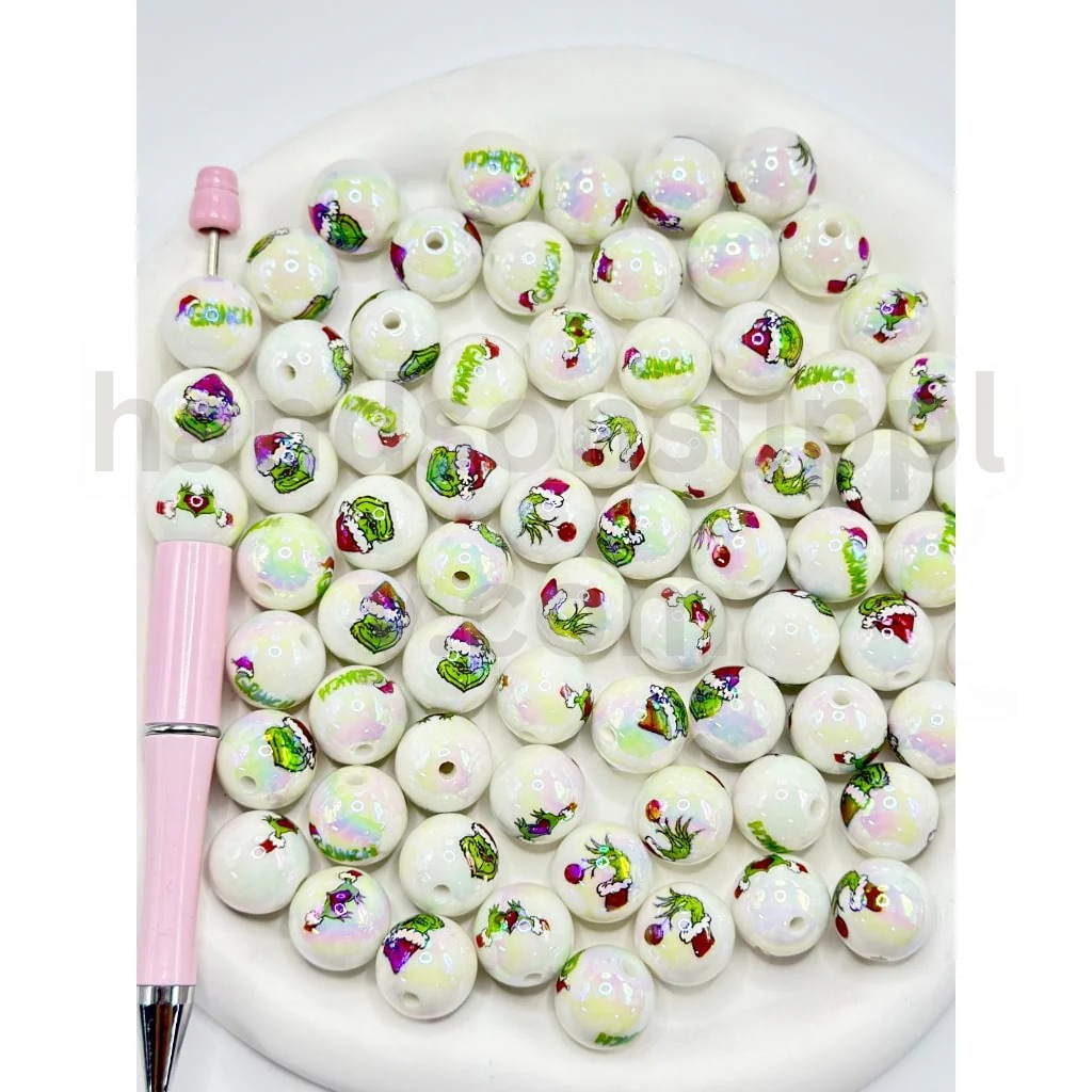 Christmas Green Monster Print White Round 16MM Assorted Mix Glossy Acrylic Beads