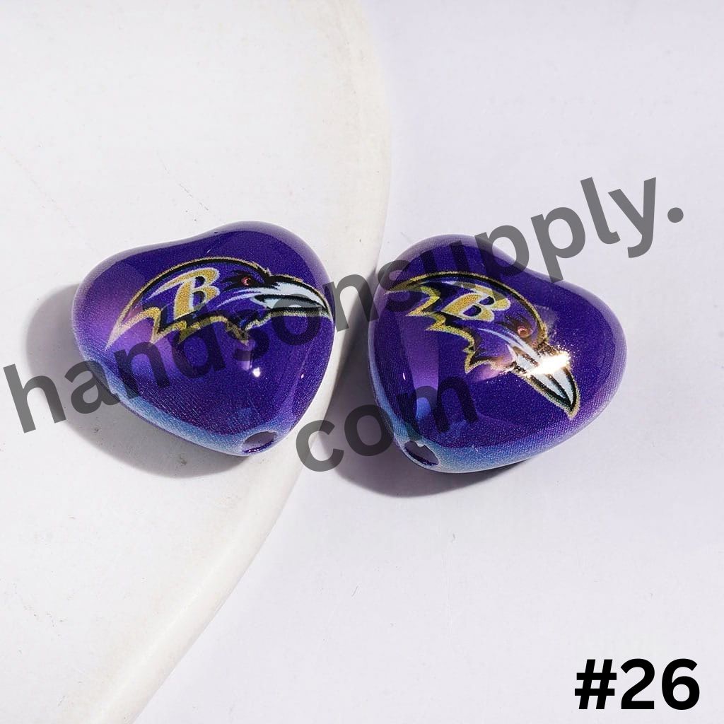UV-Coated Heart-Shaped American Football Team Logo Series Acrylic Beads, 18*20MM