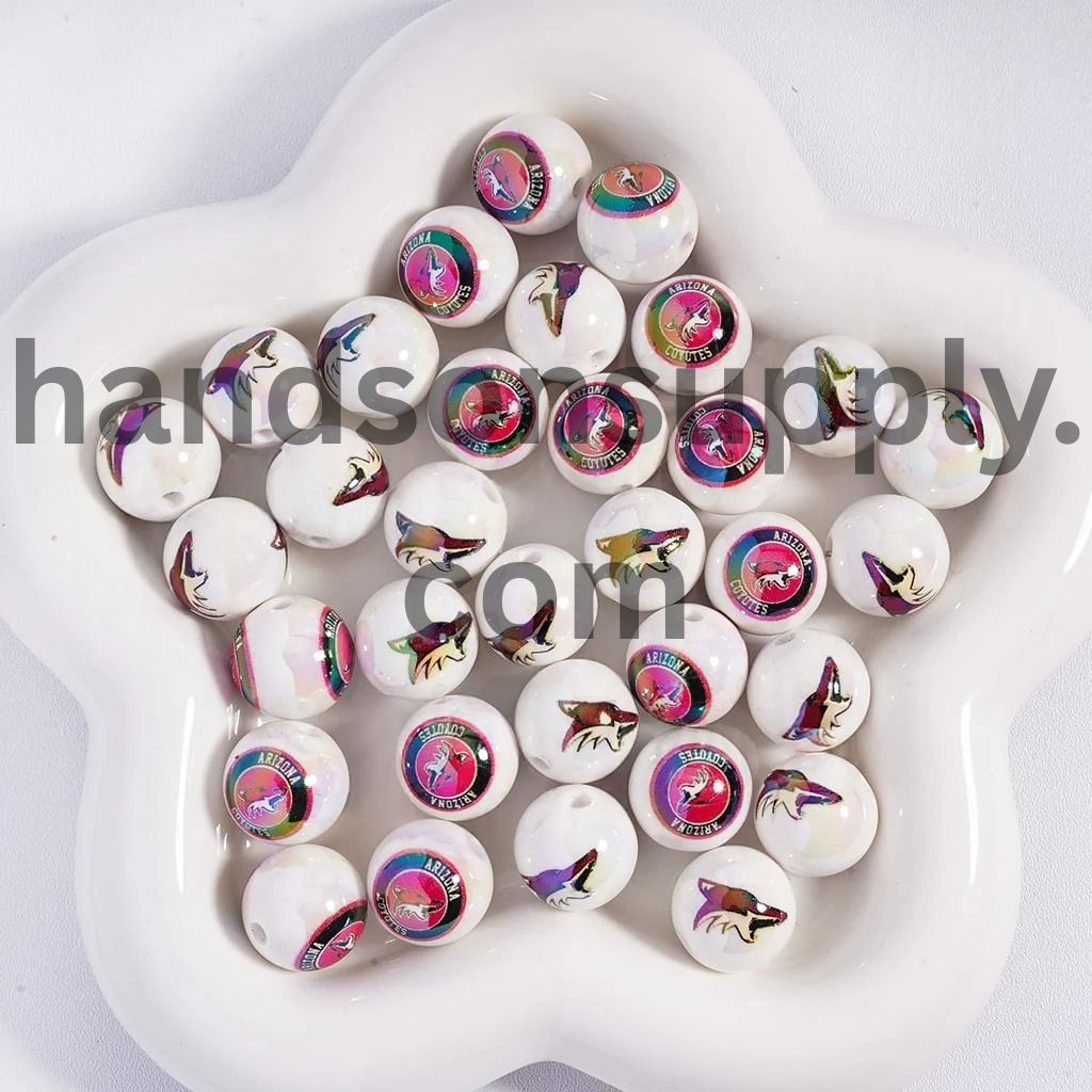 Round UV Coating Ice Hockey Team Pattern Acrylic Beads for Bracelets, 16MM