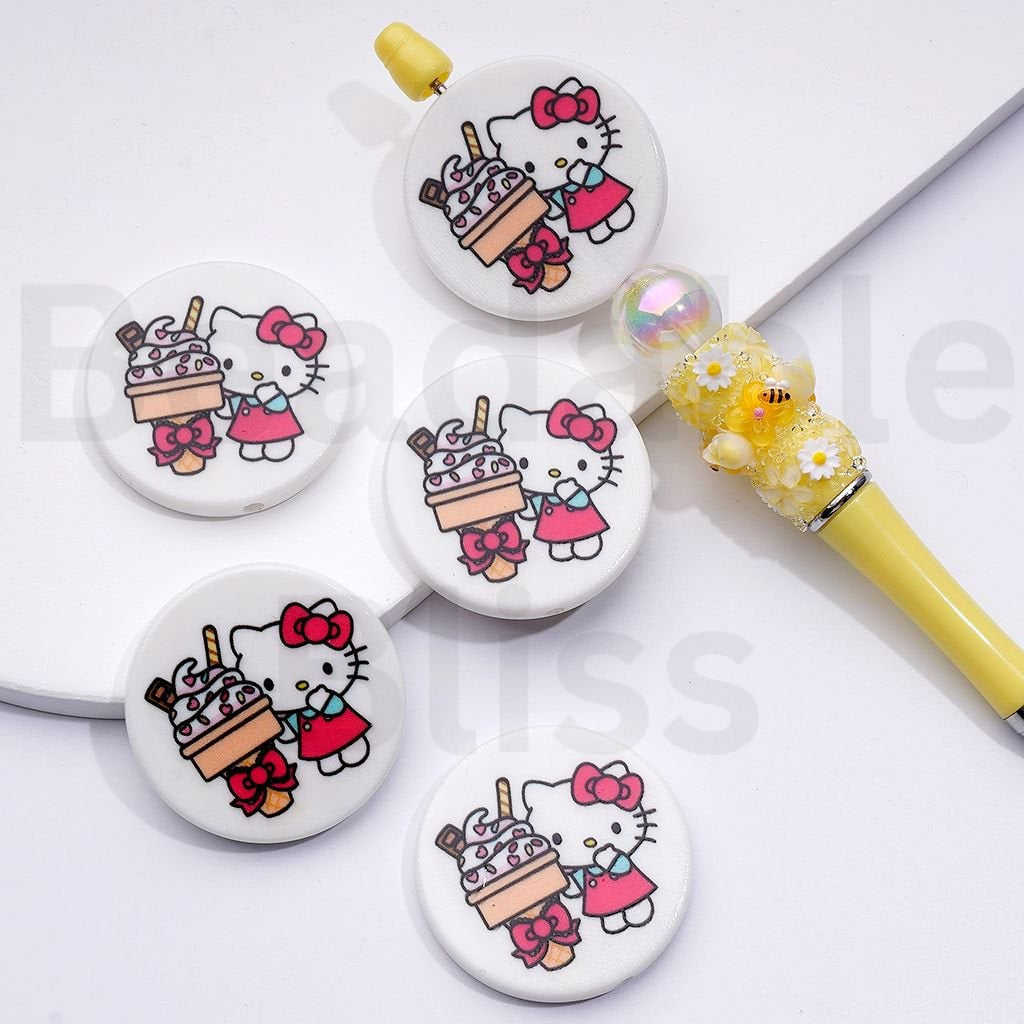 Cute Cat Character with Blue Wings Ice Cream Drives a Car Unicorn Adorable Character  Round Flat Acrylic Beads, Around 38MM