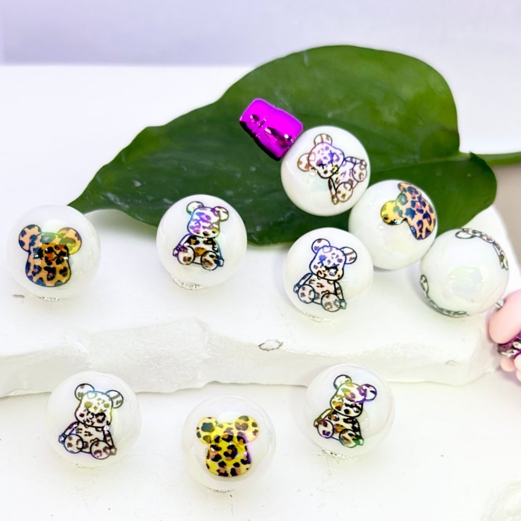 Cute Jaguar Print Bear UV Finish White Round Acrylic Beads, 16MM