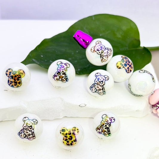 Cute Jaguar Print Bear UV Finish White Round Acrylic Beads, 16MM