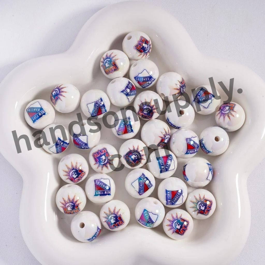Round with UV Coating Ice Hockey Team Pattern Acrylic Beads for Bracelets, 16MM