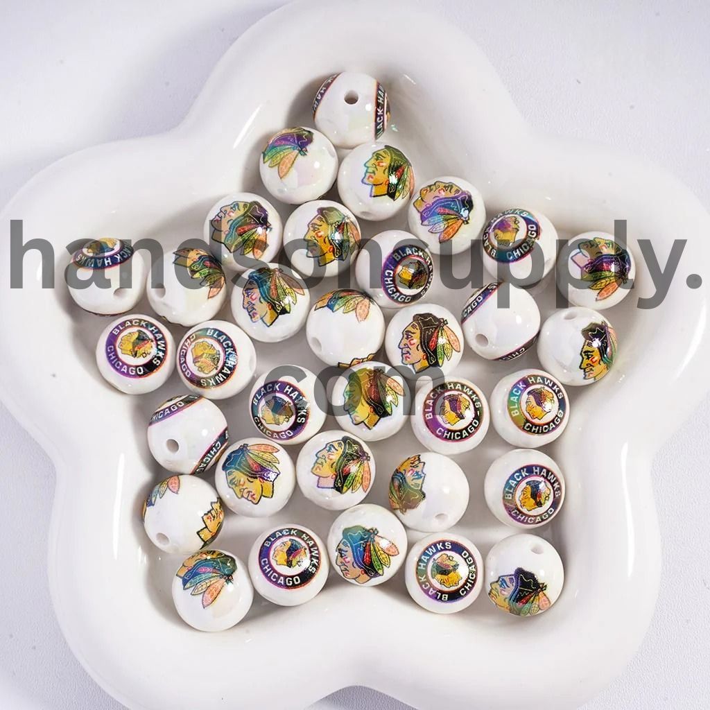 Round UV Coating Ice Hockey Team Pattern Acrylic Beads for Bracelets, 16MM