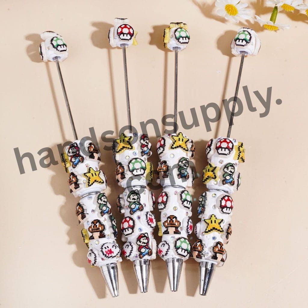 Mushroom, Star & Ghost Plumber Character Series Beadable Clay Pens with AB Rhinestones, Random Mix