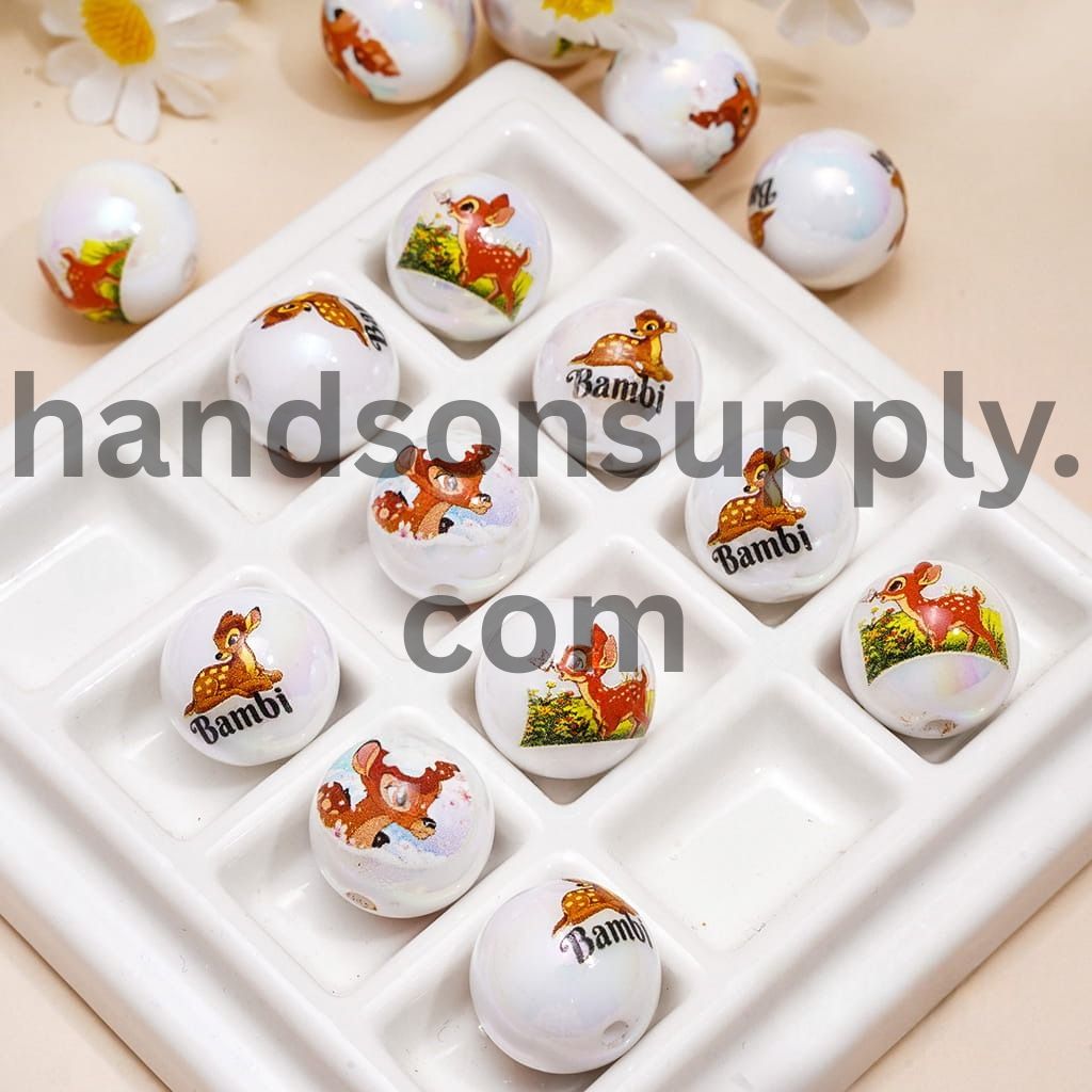 UV Coating Cute Deer Character Series Print on Round Acrylic Beads 16MM Random Mix