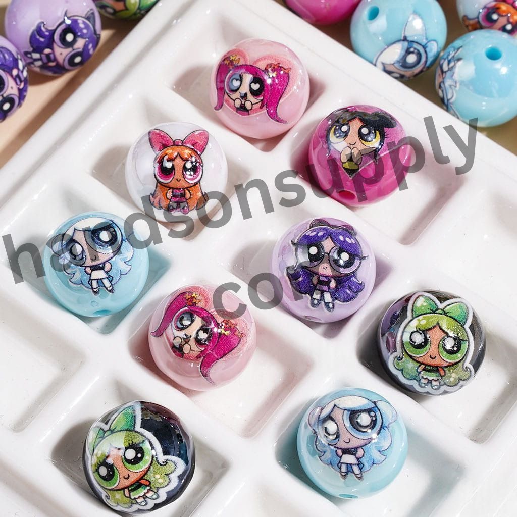 Acrylic Beads for Bracelets Brave Police GirCute Superhero Power Girl Character Printed Round Acrylic Beads for Bracelets , 16MM, Random Mixl Character Series, 16MM, Random Mix Multi Colors