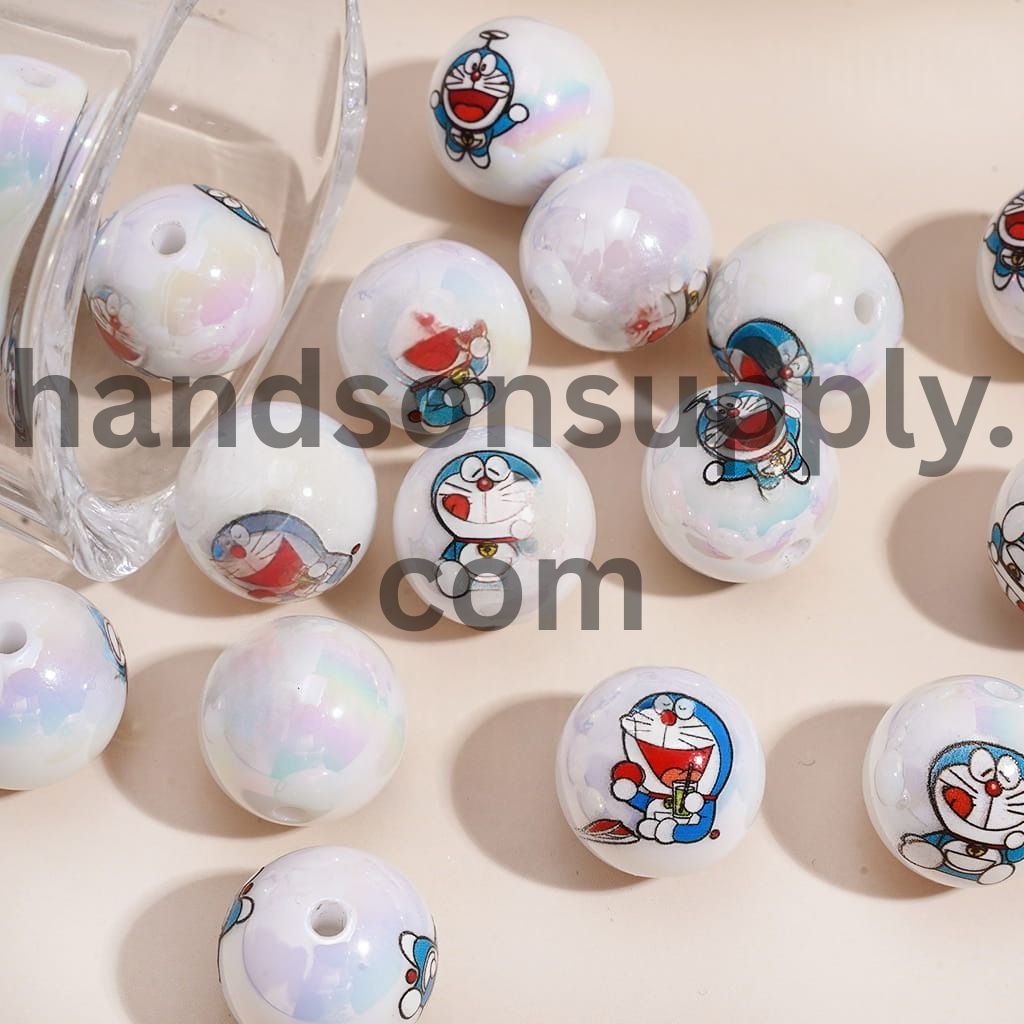 UV Coating Cute Japanese Blue Robot Cat Character Prints on Round Acrylic Beads 16MM Random Mix