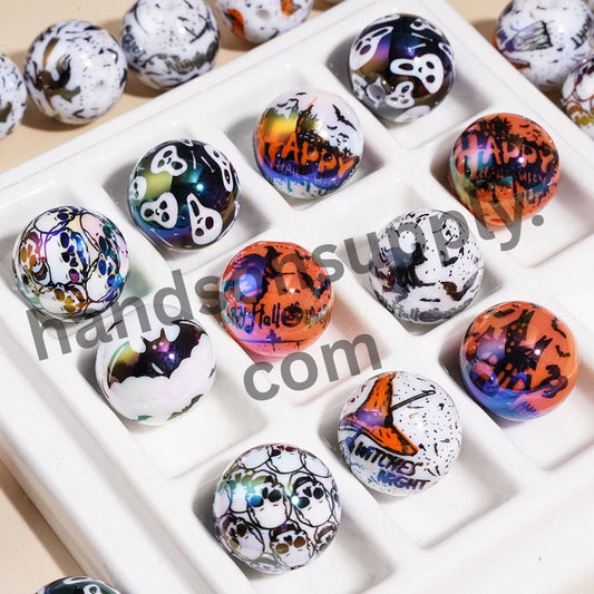 UV Coated Halloween Theme Printed Acrylic Beads for Bracelets, Ghost, Bat, Pumpkin & Haunted House Round Beads, 20MM, Multi Colors Random Mix