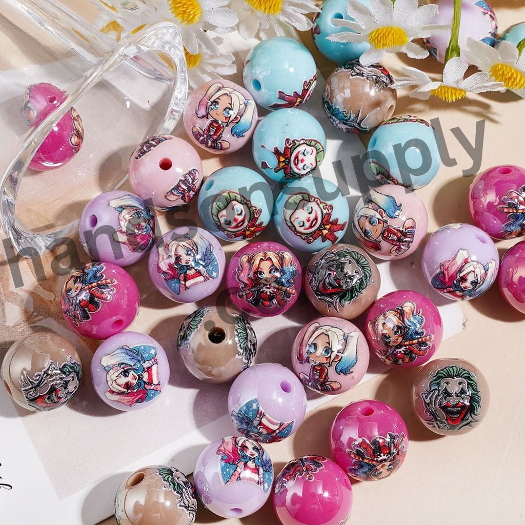 Cute Cartoon Villain Clown and Girl Character Printed Anime Style Round Acrylic Beads, 16MM Random Mix