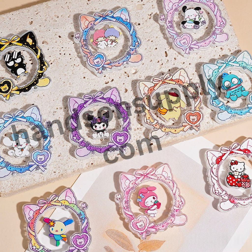 Cute Cartoon Adorable Character Acrylic Beads Cat Head Shape Frame w Bow & Cartoon Pieces, 37*38MM Multi-Color Random Mix, (Please Read Description)