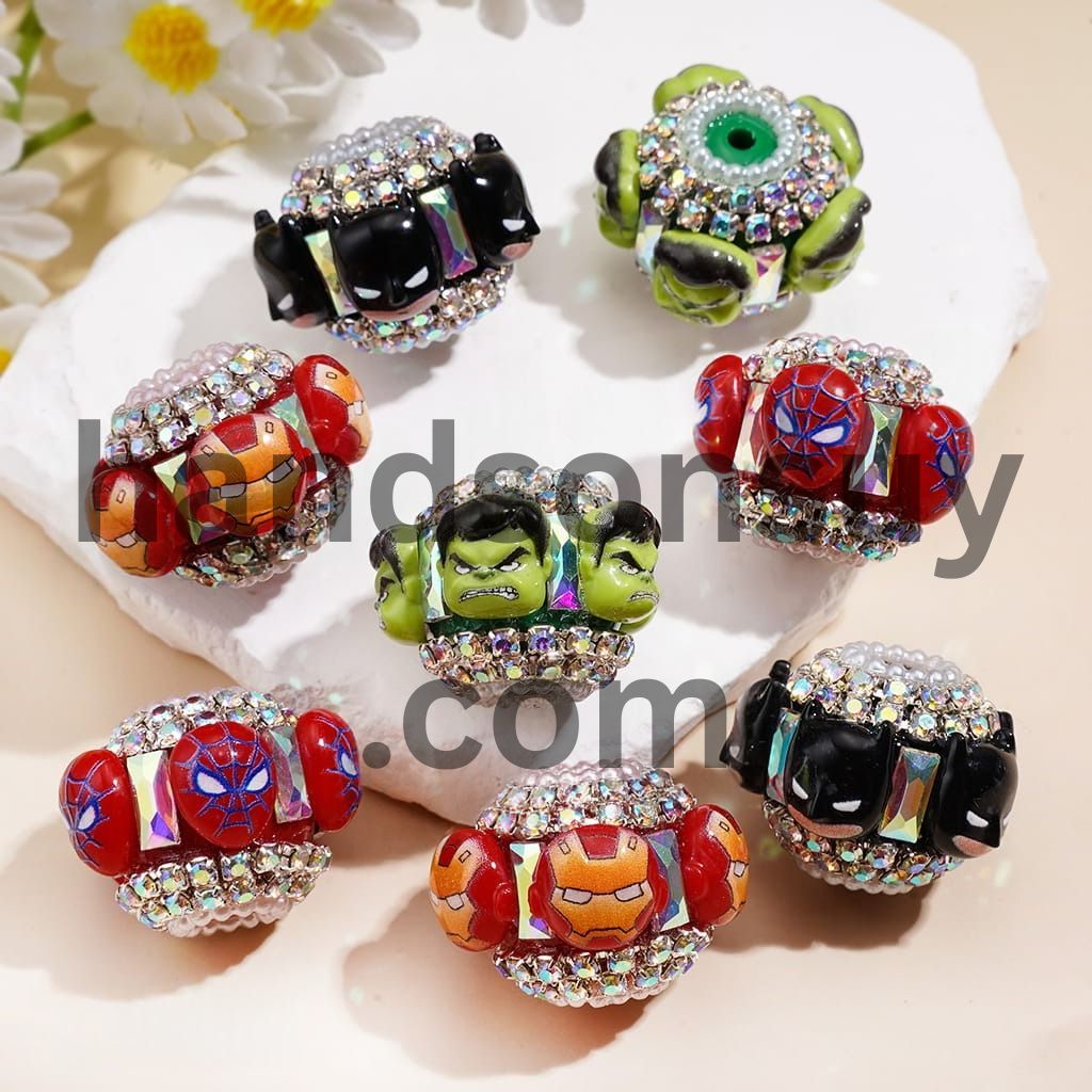 Superhero Character Handmade Acrylic Beads with Clear Rhinestone Chain & AB Crystal Spacer, 22MM, Multi Colors Random Mix