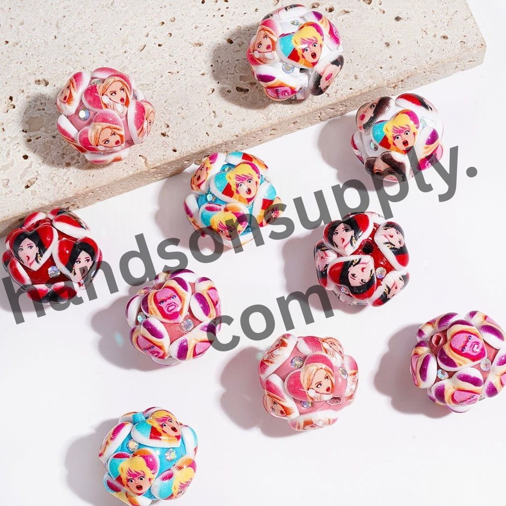Playful Fashion Doll Character with Various Facial Expressions, Heart-Shaped Design and Sparkling AB Rhinestones Clay Beads, 20MM, Random Mix