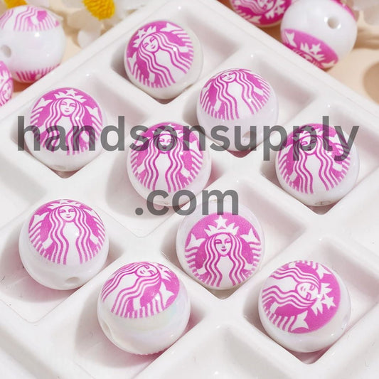 UV Coated Cute Pink Coffee Theme Print Round Acrylic Bracelet Beads 16MM