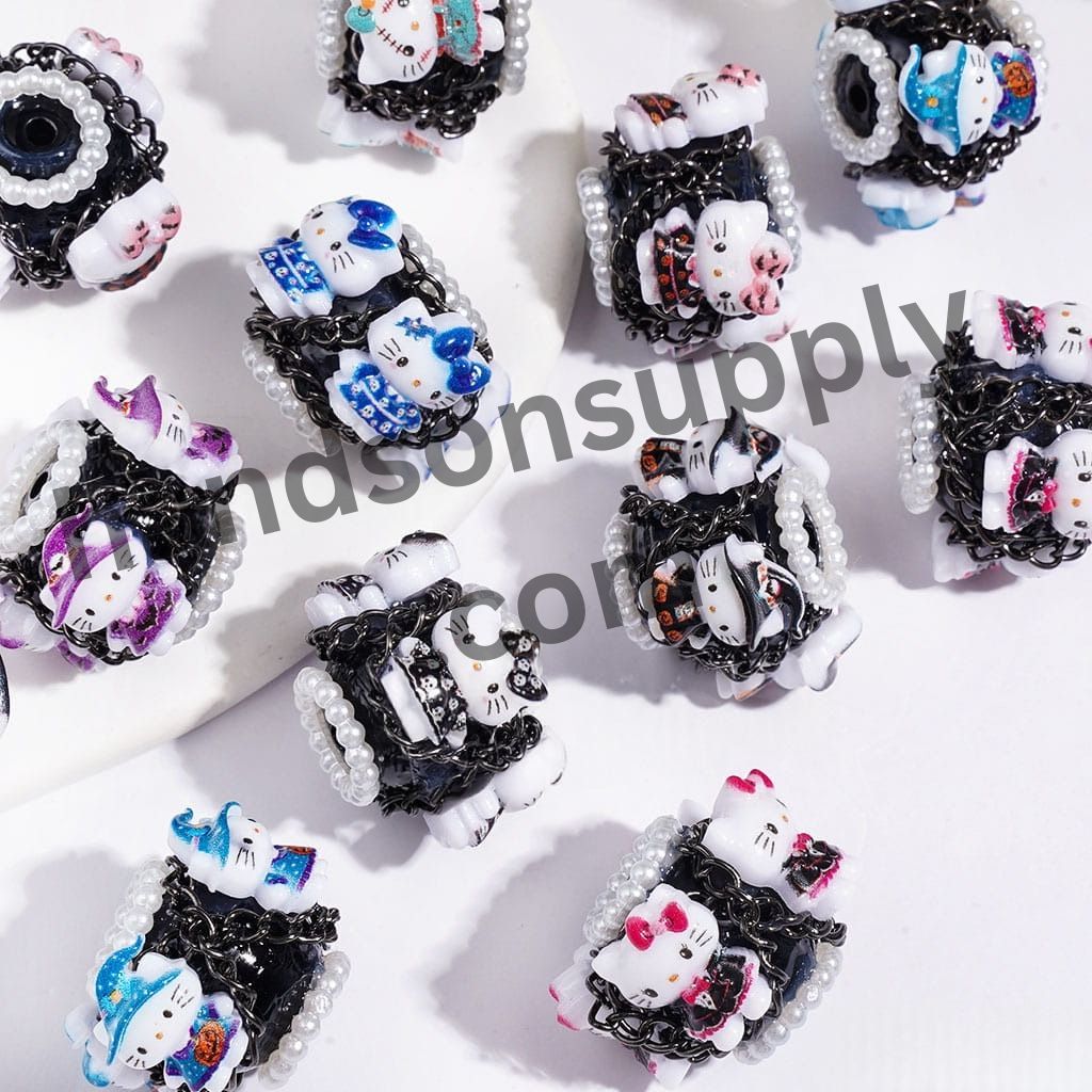 Hand-Made Acrylic Beads Halloween Cute Cat Character Series, w White Pearl & Gun Black Chains, 20MM Multi Colors