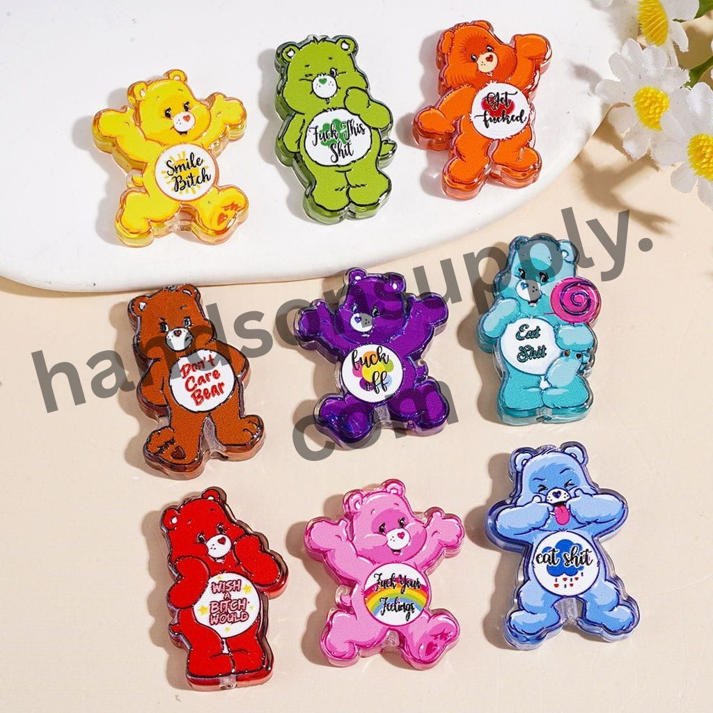 Cute Rainbow Bear Series with Funny Humor Text Semi-Clear Acrylic Beads, Multi-Color Random Mix