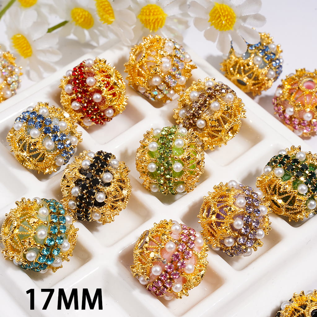 Hand-Made Acrylic Beads w Gold Filigree, Double-Layer Pearls & Clear Rhinestone Chain 17MM, Multi-Color