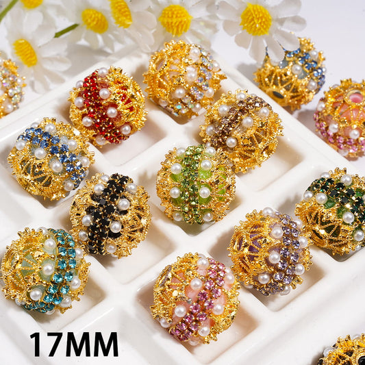Vintage Gold Filigree with Double Pearl Layers & Clear Rhinestone Chain Hand-Made Acrylic Beads 17MM, Multi-Color