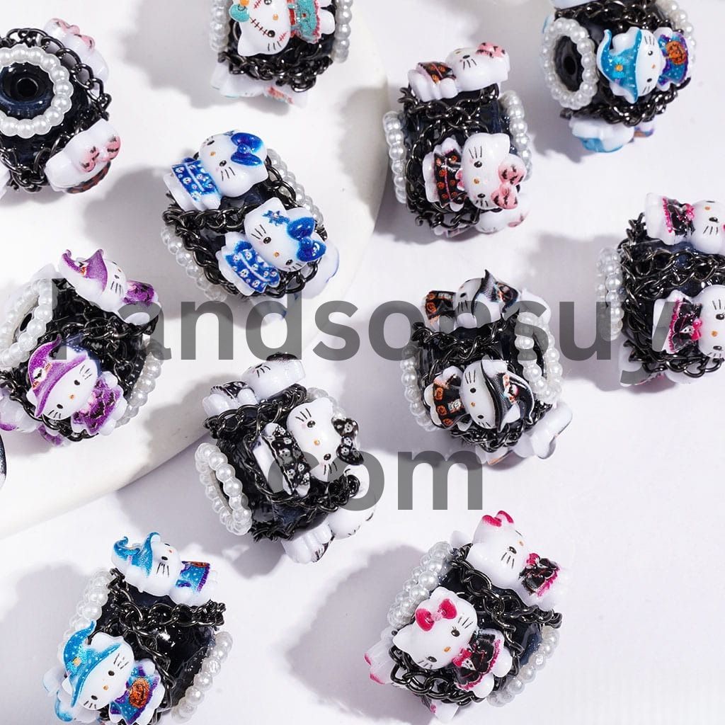 Hand-Made Acrylic Beads Halloween Cute Cat Character Series, w White Pearl & Gun Black Chains, 20MM Multi Colors