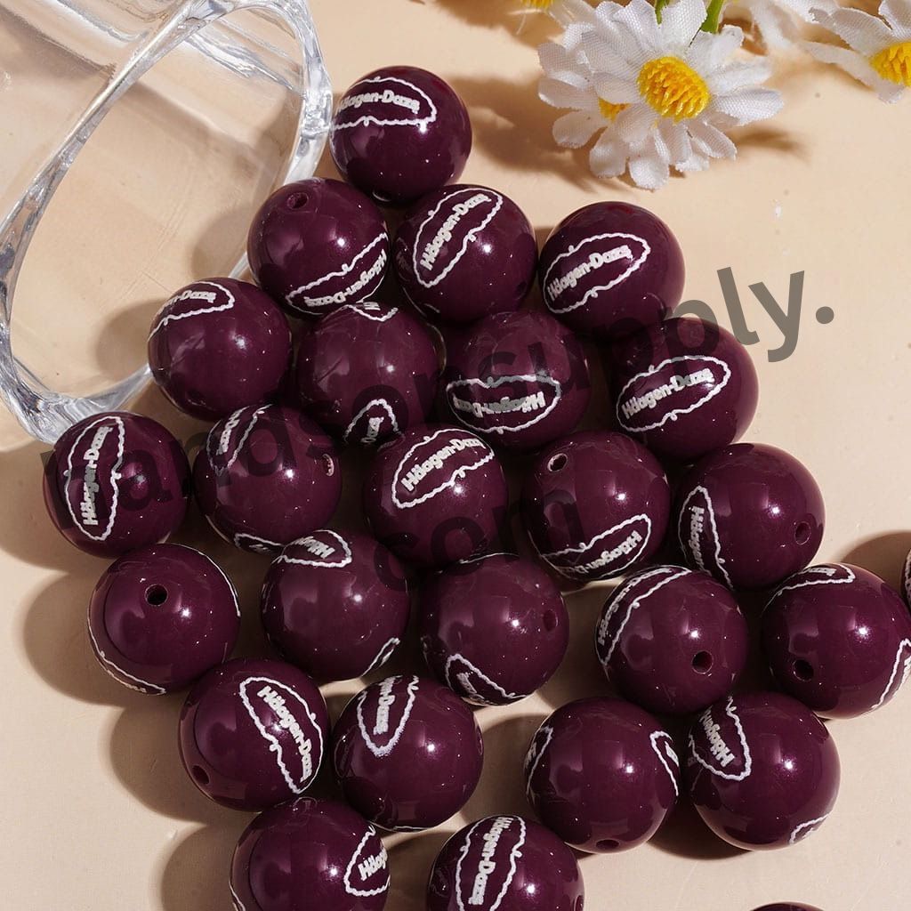 Ice Cream Text Label & Logo Printed Purple Red Acrylic Beads for Bracelets, 16MM, Random Mix
