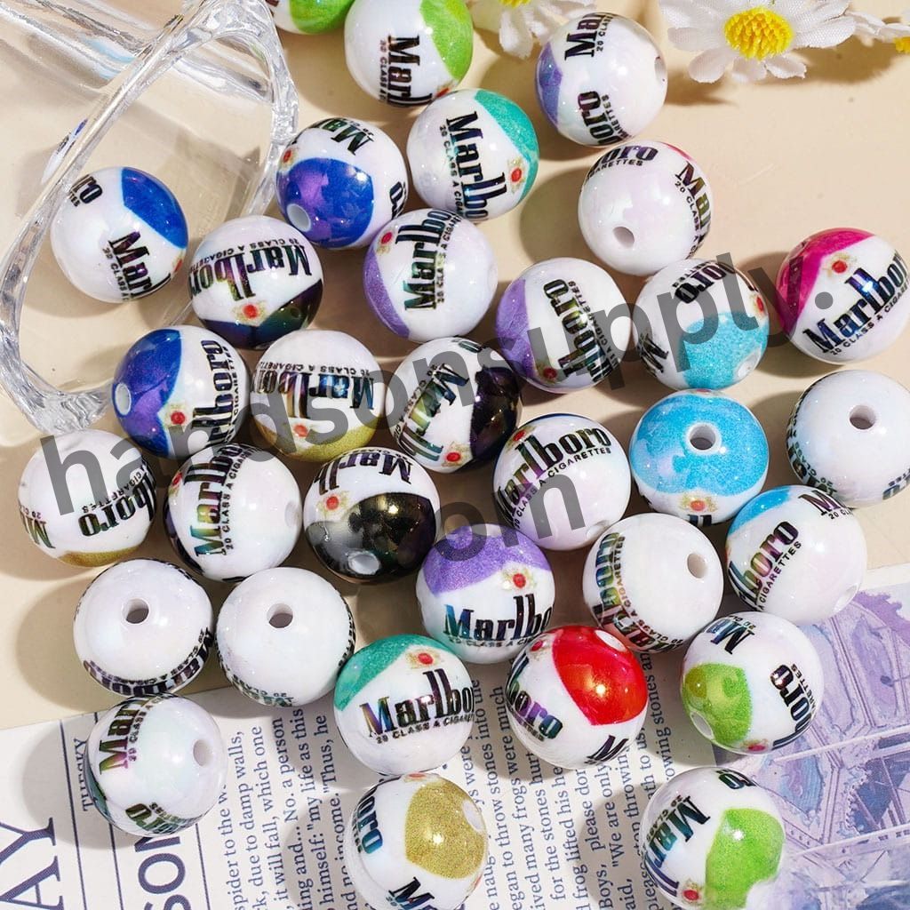 UV-Coated Cigarette Pack Printed Round Acrylic Beads for Bracelets,16MM,Various Colors Random Mix