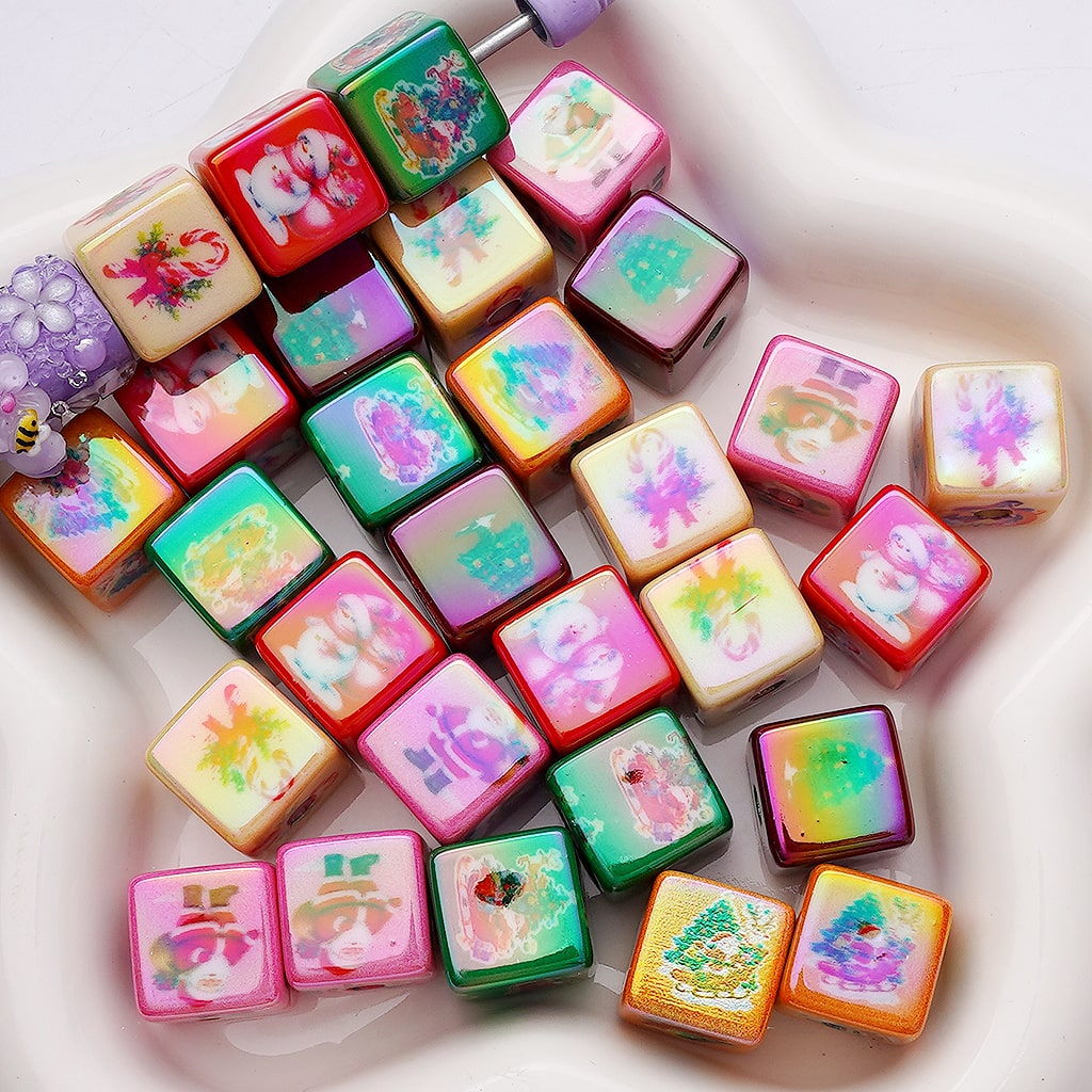 Cube Shape with Santa, Snowman, Tree, Candy Cane Christmas Theme Acrylic Beads 15MM Random Mix