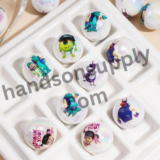 Monster Cartoon Character Printed Pearl White Round Acrylic Beads for Bracelets, 16MM, Random Mix