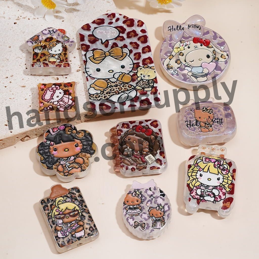 Adorable Leopard Print Cat Character Design Charm Pendant with Glossy Clear Finish in Various Shapes Acrylic Beads