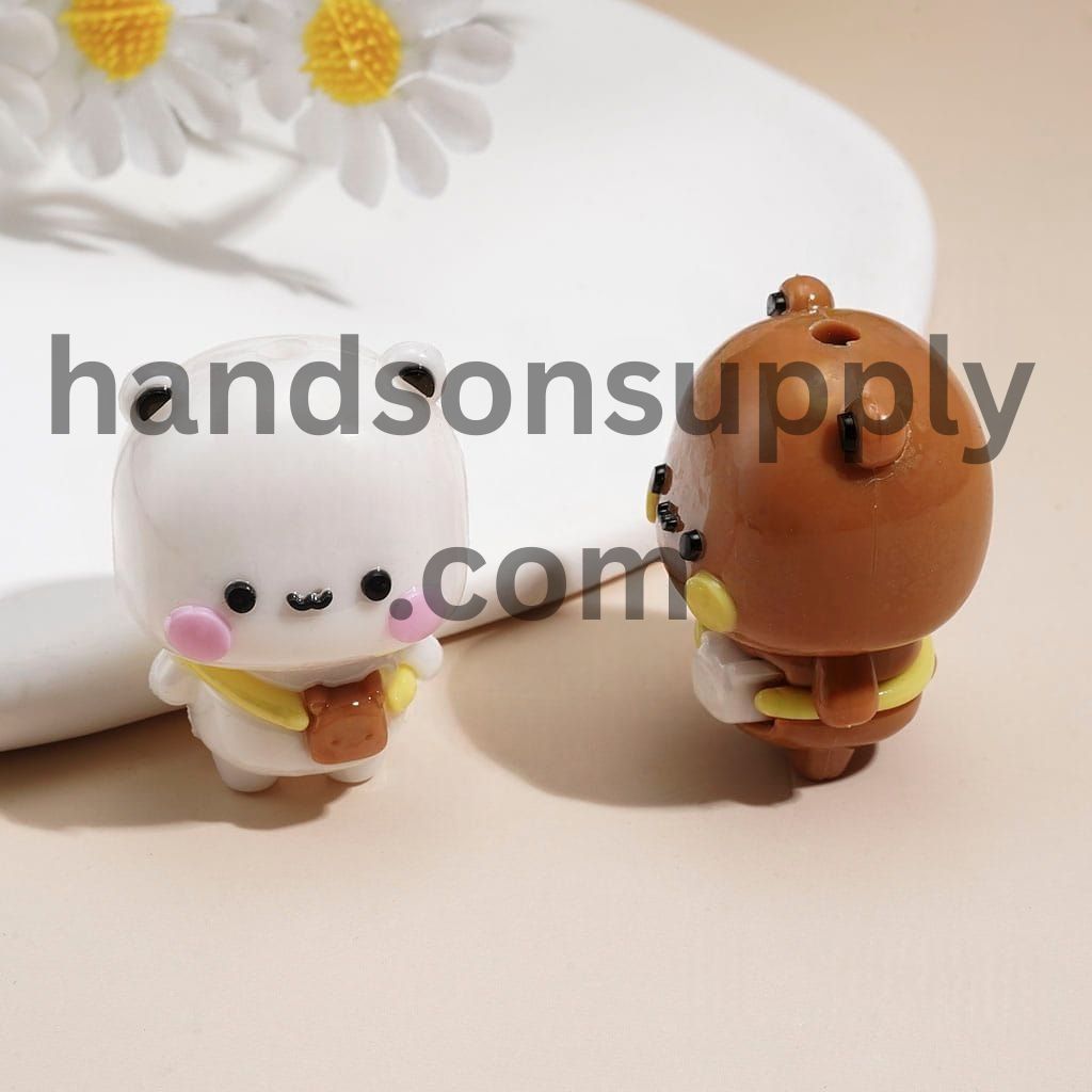 Glossy Cute Cartoon Bear Character Holding Toast bag Soft PVC Rubber Beads, Height 29MM Random Mix