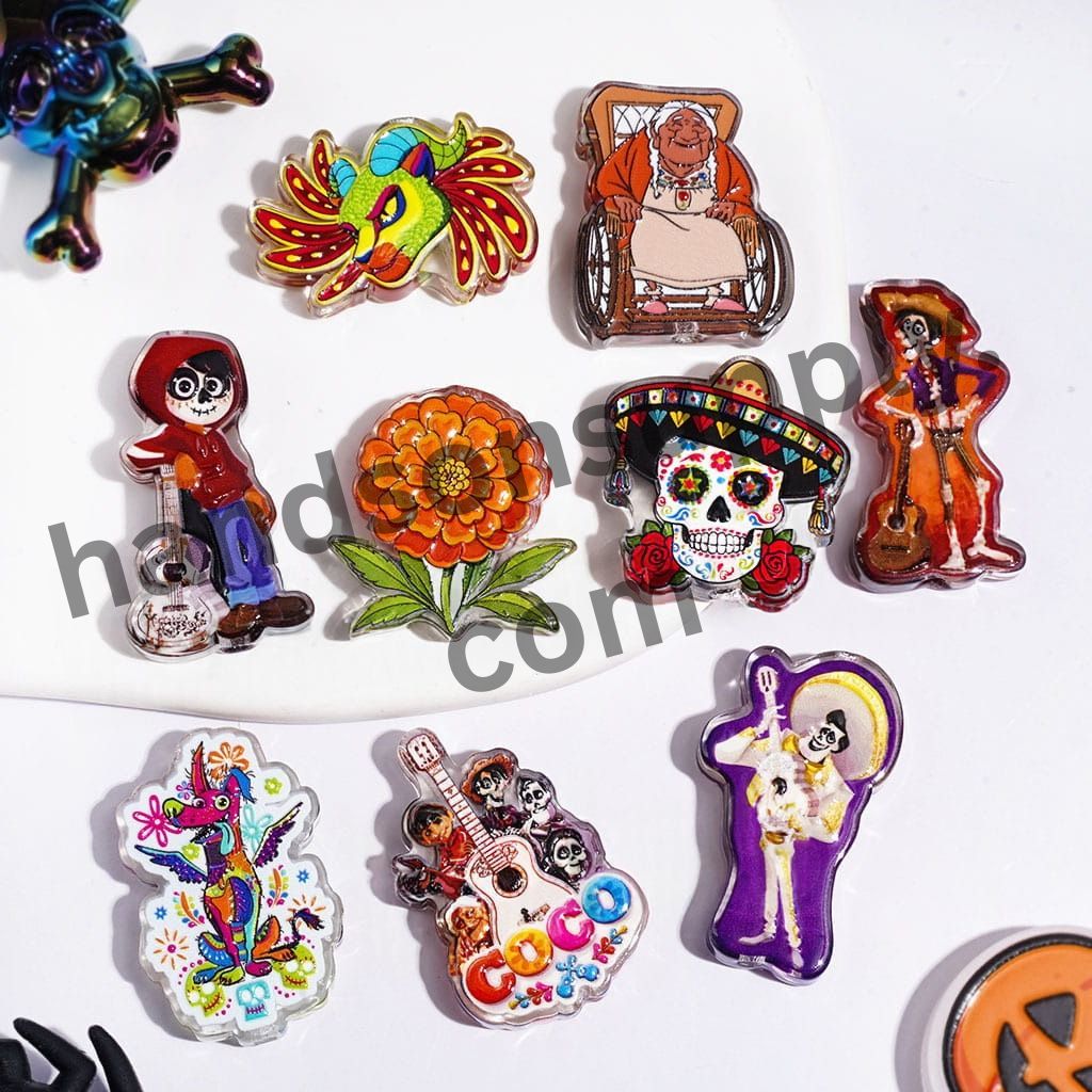 Day of the Dead Cartoon Character Series Acrylic Beads, Sugar Skull, Marigold Flower, & Guitar Theme, Assorted Shapes, Random Mix