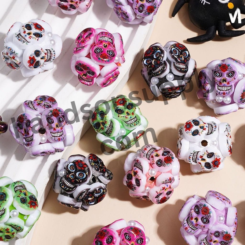 Day of the Dead Skeleton Skull Theme Clay Beads with White Pearl, 20MM Multi-Color Random Mix