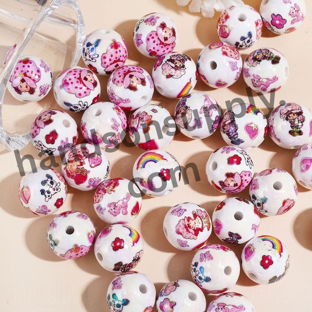 Cute Cartoon Rainbow Dog Berry Girl Character Printed White Background Round Acrylic Beads for Bracelets 16MM, Random Mix