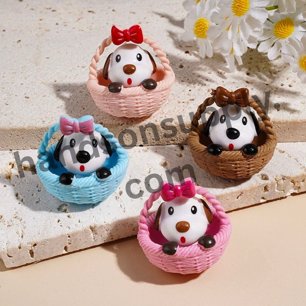 Cute Puppy Beagle Dog in Basket with Bowtie Acrylic Beads, Height 33MM Multi-Color Random Mix