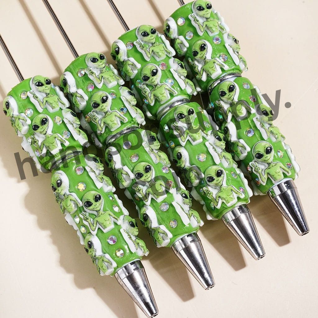 Cute Green Alien with Big Black Eyes Making Funny Gesture Beadable Clay Pens with AB Rhinestones