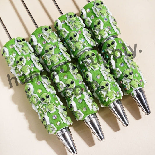 Cute Green Alien with Big Black Eyes Making Funny Gesture Beadable Clay Pens with AB Rhinestones