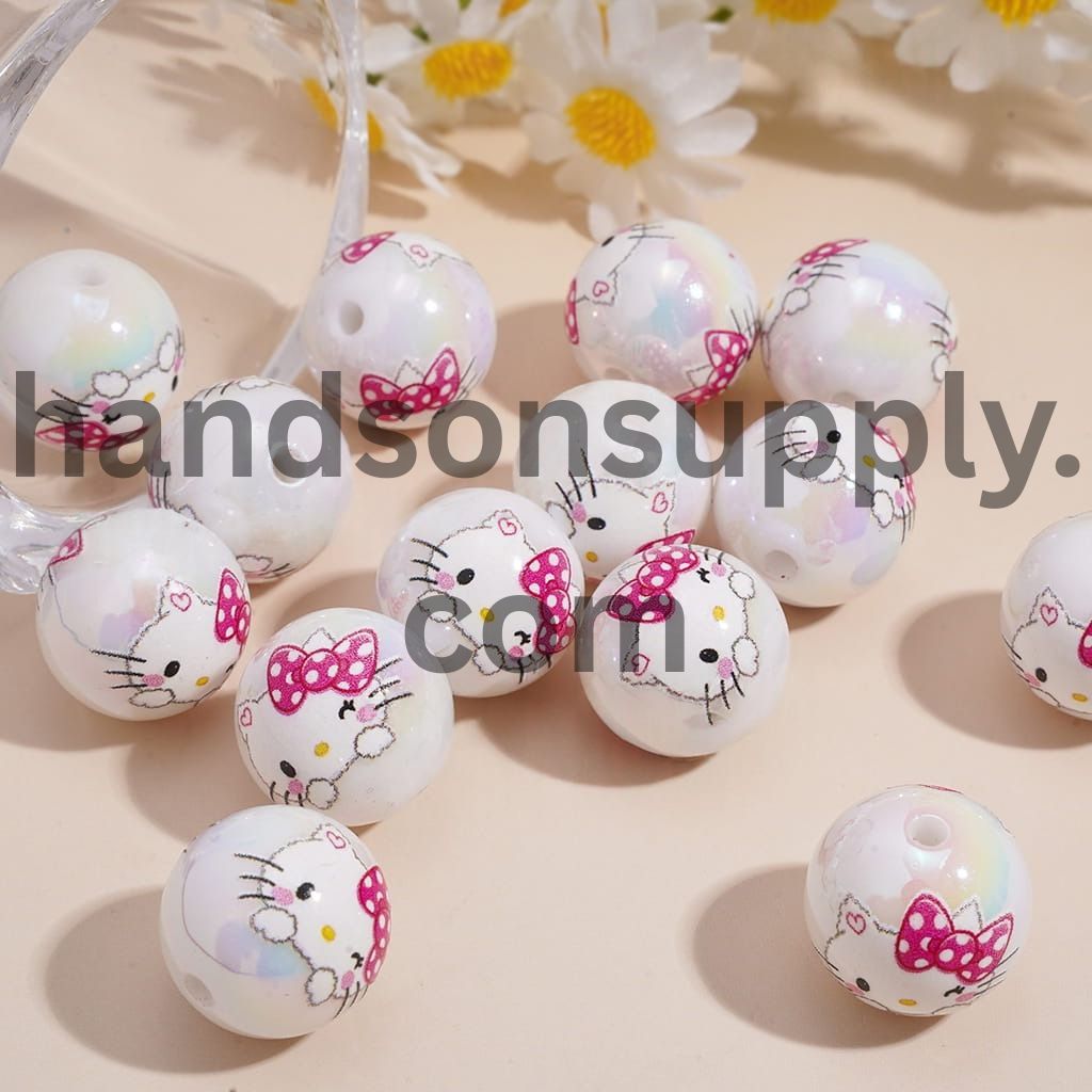 UV Coated Cute Cat Character & Pink Bowtie Prints Round Acrylic Beads 16MM Random Mix