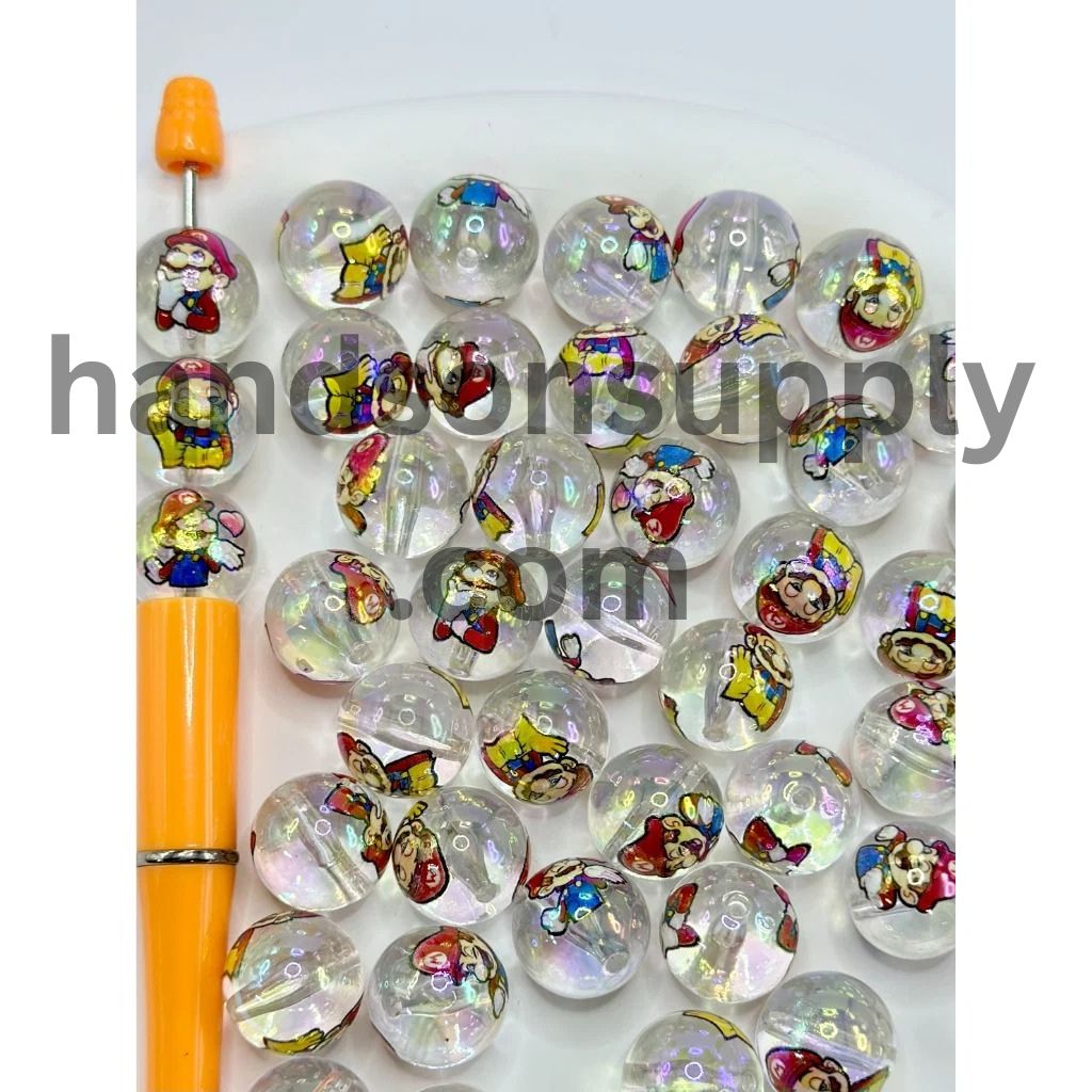 Clear Round UV Coating Acrylic Beads with Plumber Character, Random Mix, 16MM