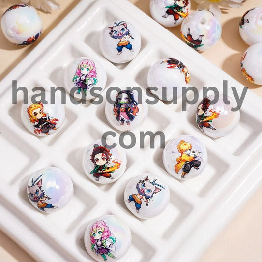 UV Coating Japanese Cosplay Style in Various Designs Cute Anime Character Printed Round Acrylic Beads for Bracelets, 16MM, Random Mix