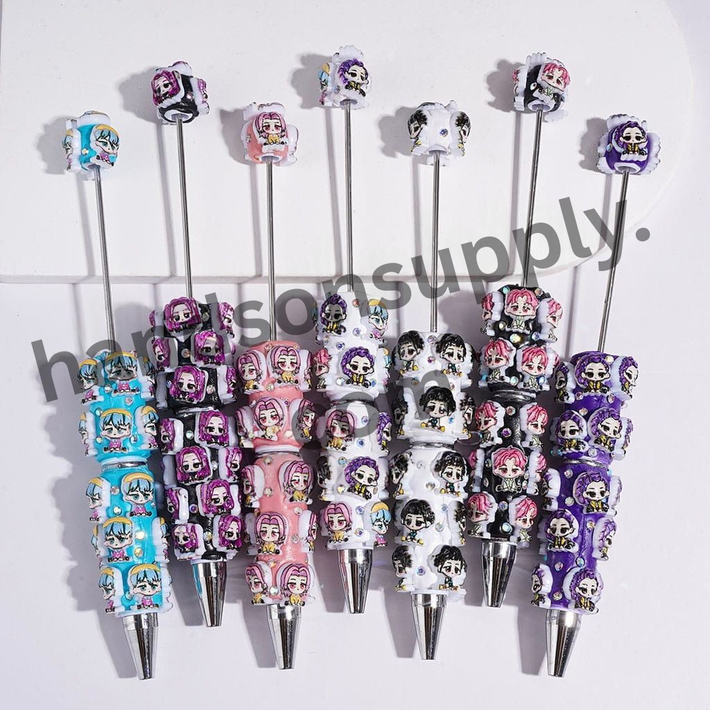 Cute Chibi Anime Girl & Boy Band Character Diverse Hair Colors, AB Rhinestones Beadable Pens, Multi Colors Random Mix