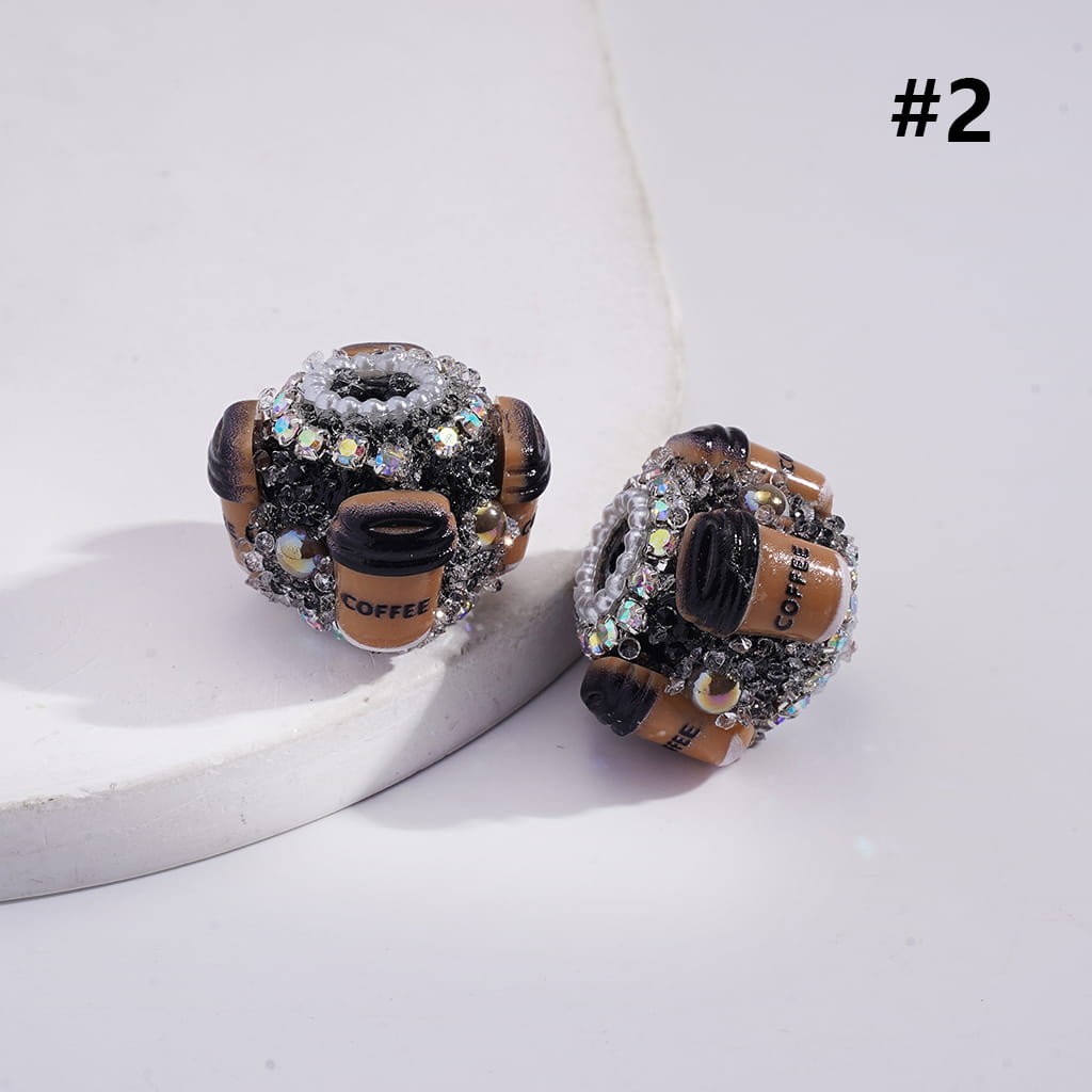 Sugar Acrylic Beads w Coffee Cup & Brown Half-Shell Pearls, AB Rhinestones White Pearls Chains, 20MM, Multi-Color
