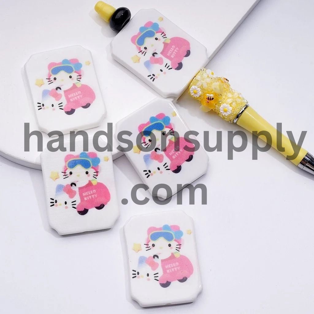 Cute Cat Character with Blue Wings Ice Cream Drives a Car Adorable Character Unicorn Balloons Rectangle Flat Acrylic Beads, Around 45*35MM