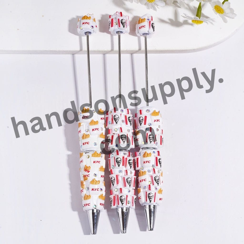 Chicken Bucket, French Fries & Soda Cup Fast Food Series Beadable Clay Pens with AB Rhinestones, White Color, Random Mix