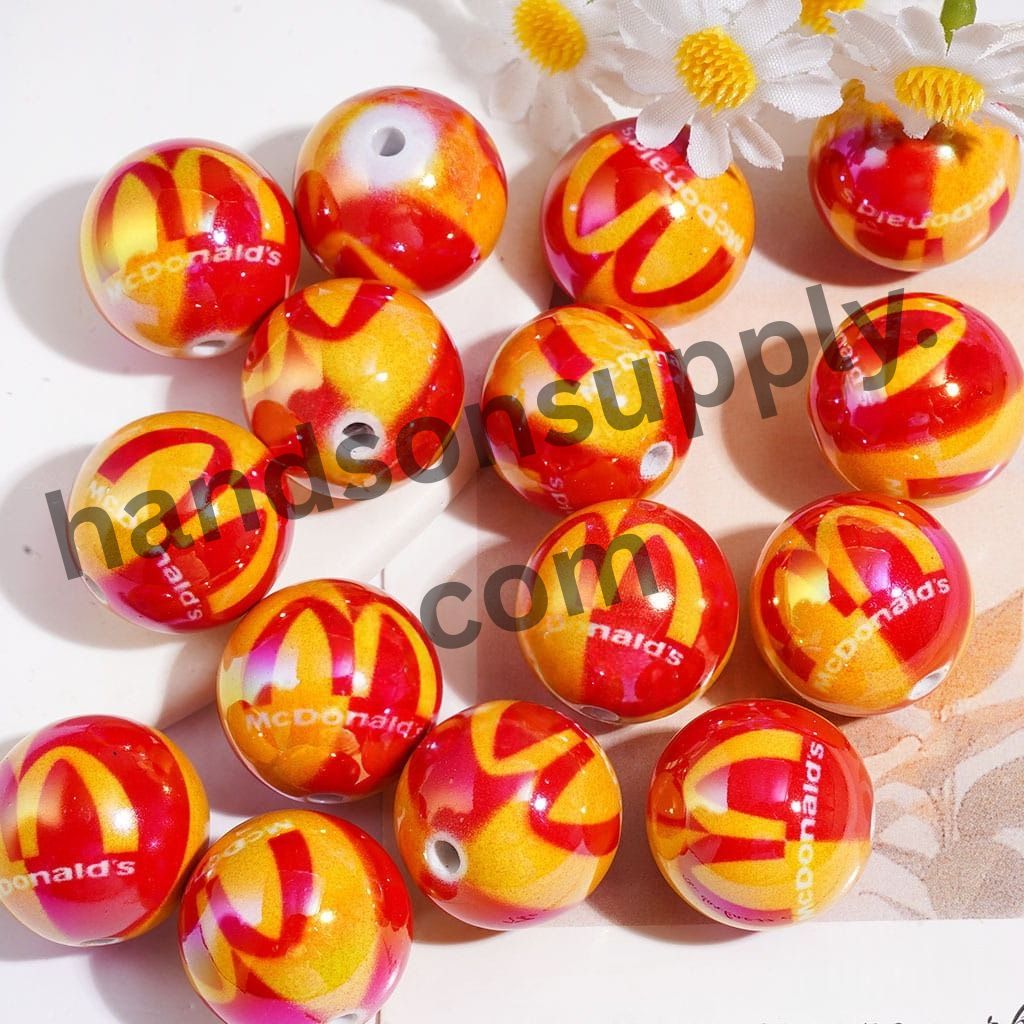 UV Coated Fast Food Theme Printed Round Acrylic Beads, Red and Yellow Burger Logo Design, 20MM