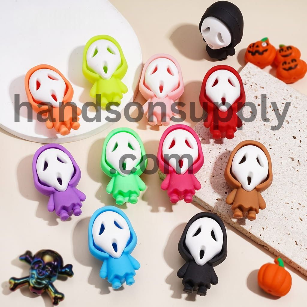 Cute Ghost Face Cartoon Character with Colorful Hooded Costume Halloween Theme Silicone Focal Figurine, Height 48MM, Multi-Color, Random Mix (NO Hole)