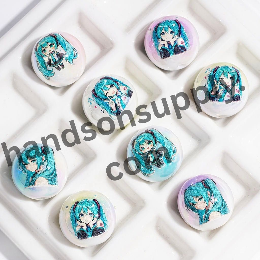 UV-Coated Japanese Anime Virtual Girl Character Printed Round Acrylic Beads for Bracelets, 16MM, Random Mix