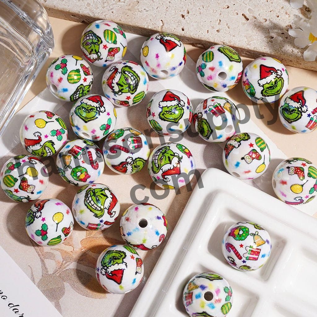 UV-Coated Christmas Green Character with Christmas Hat Gift Box Star Bell h Acrylic Beads for Bracelets, 16MM Multi-Color Random Mix